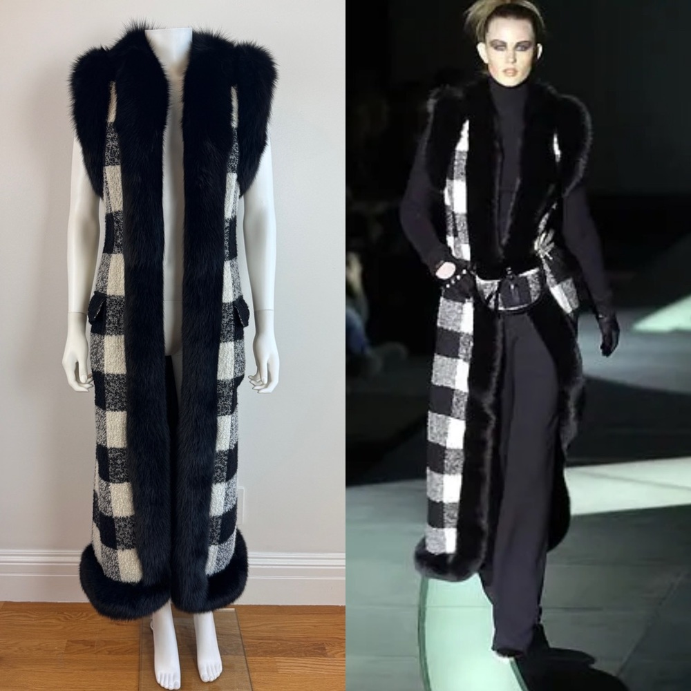 F/W 2001 Valentino black + white checkered wool + fox fur sweater duster